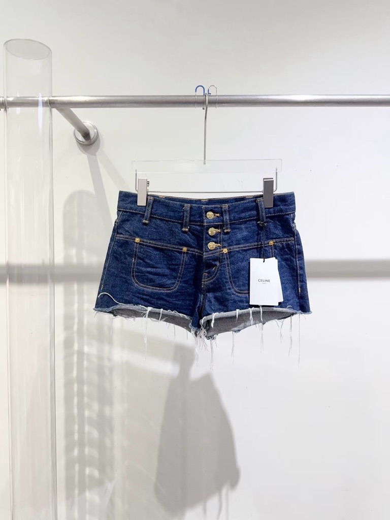 Steal Celine Indigo High-Rise Frayed Hem Denim Shorts